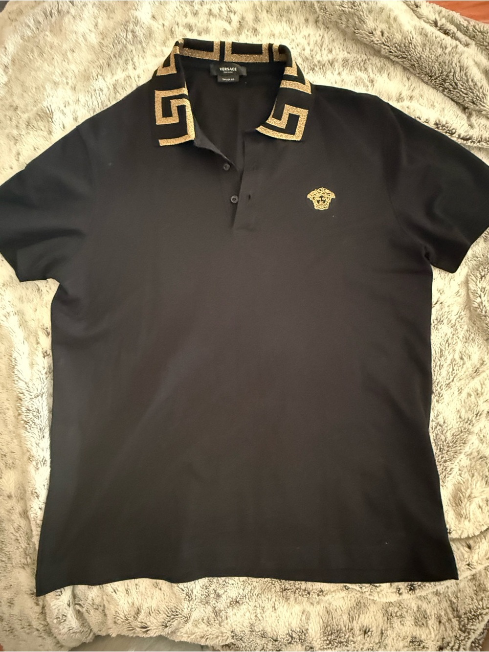 Versace Black Polo with Gold Medusa and Gold Geometric Collar Detail